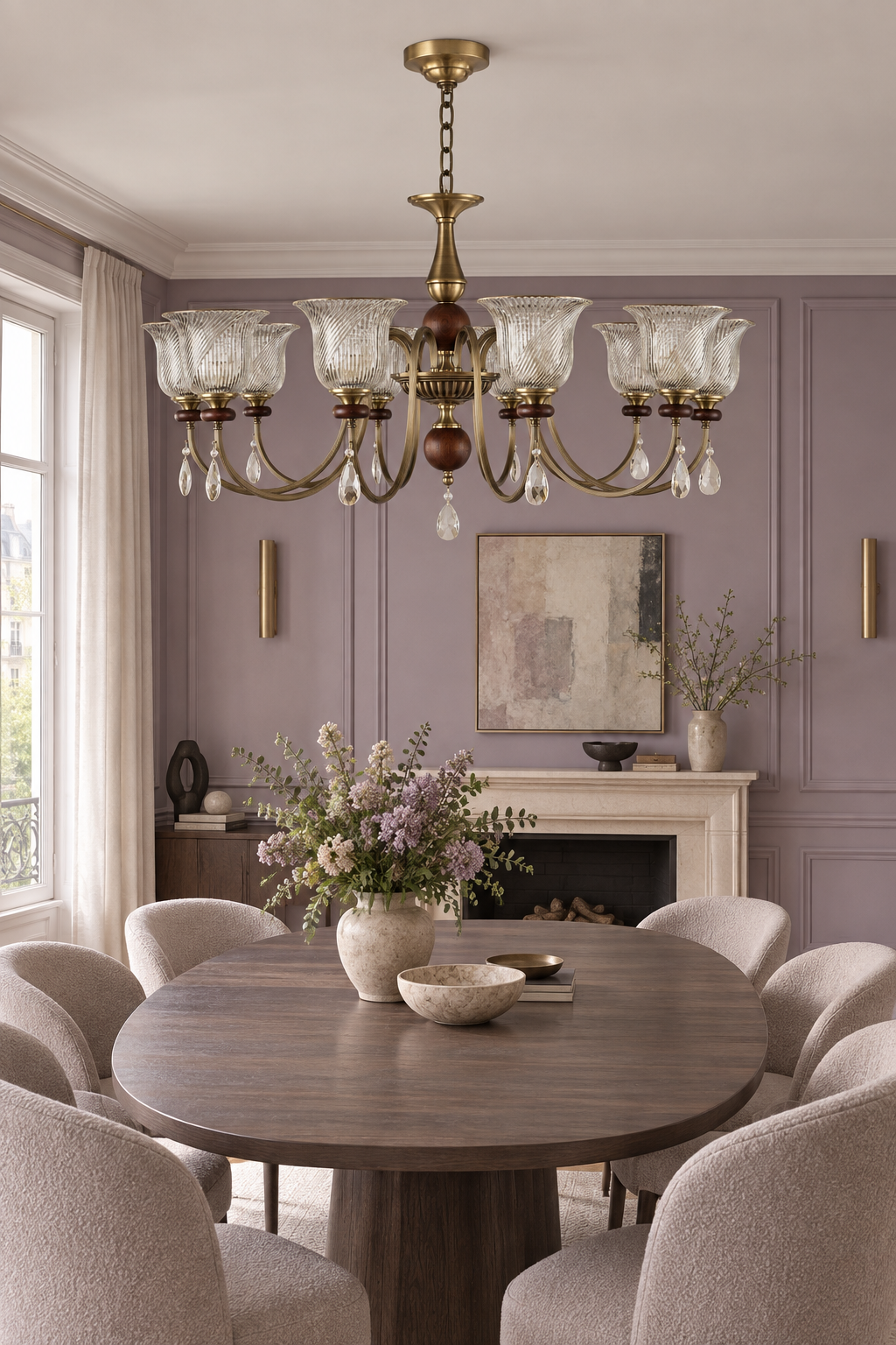 Rillavine ten-light chandelier centered above an oval smoked-oak table in a dusty-lilac salon, fixture off