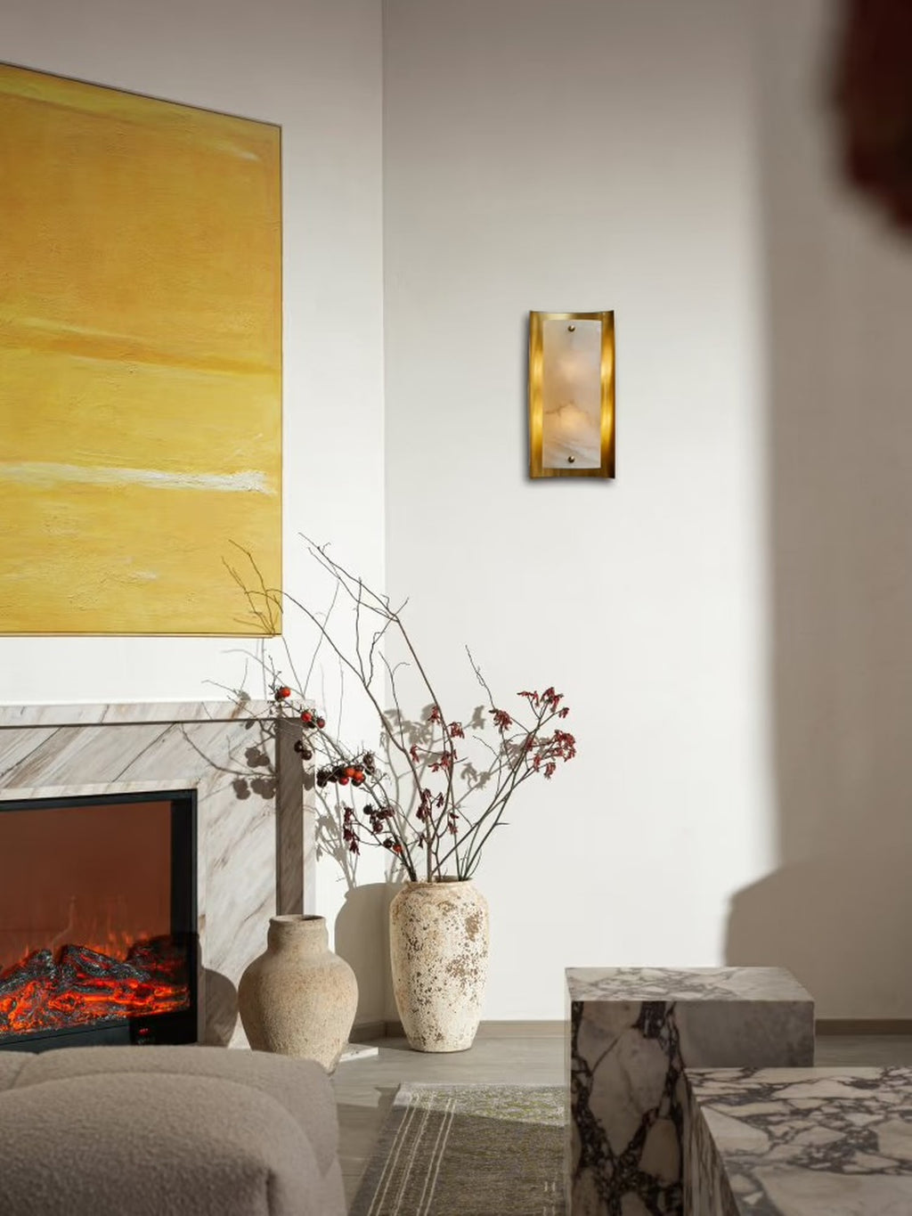 Modern Spanish Alabaster Rectangular Wall Sconce in Natural Brass - 03 room scene 2