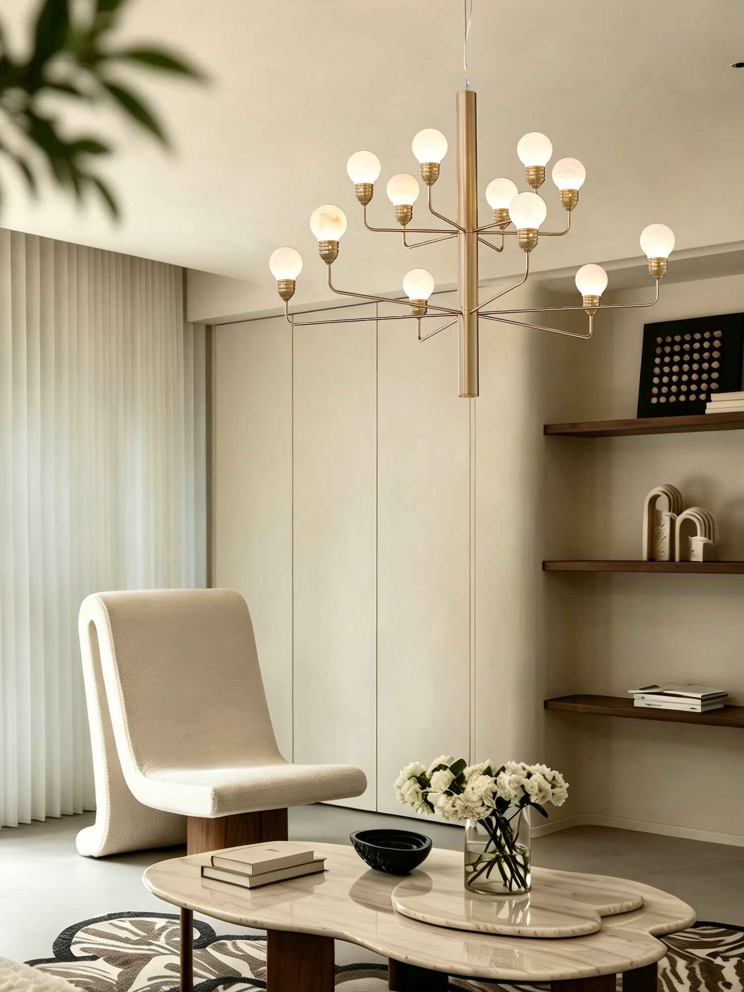 Modern Spanish Alabaster Branch Chandelier in Natural Brass - 03 room scene 2