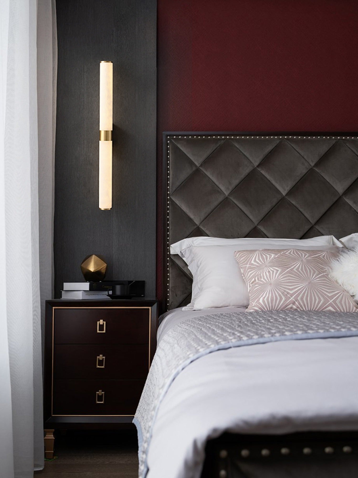 Modern Snowflake Alabaster Cylinder Wall Sconce in Natural Brass - 03 room scene 2