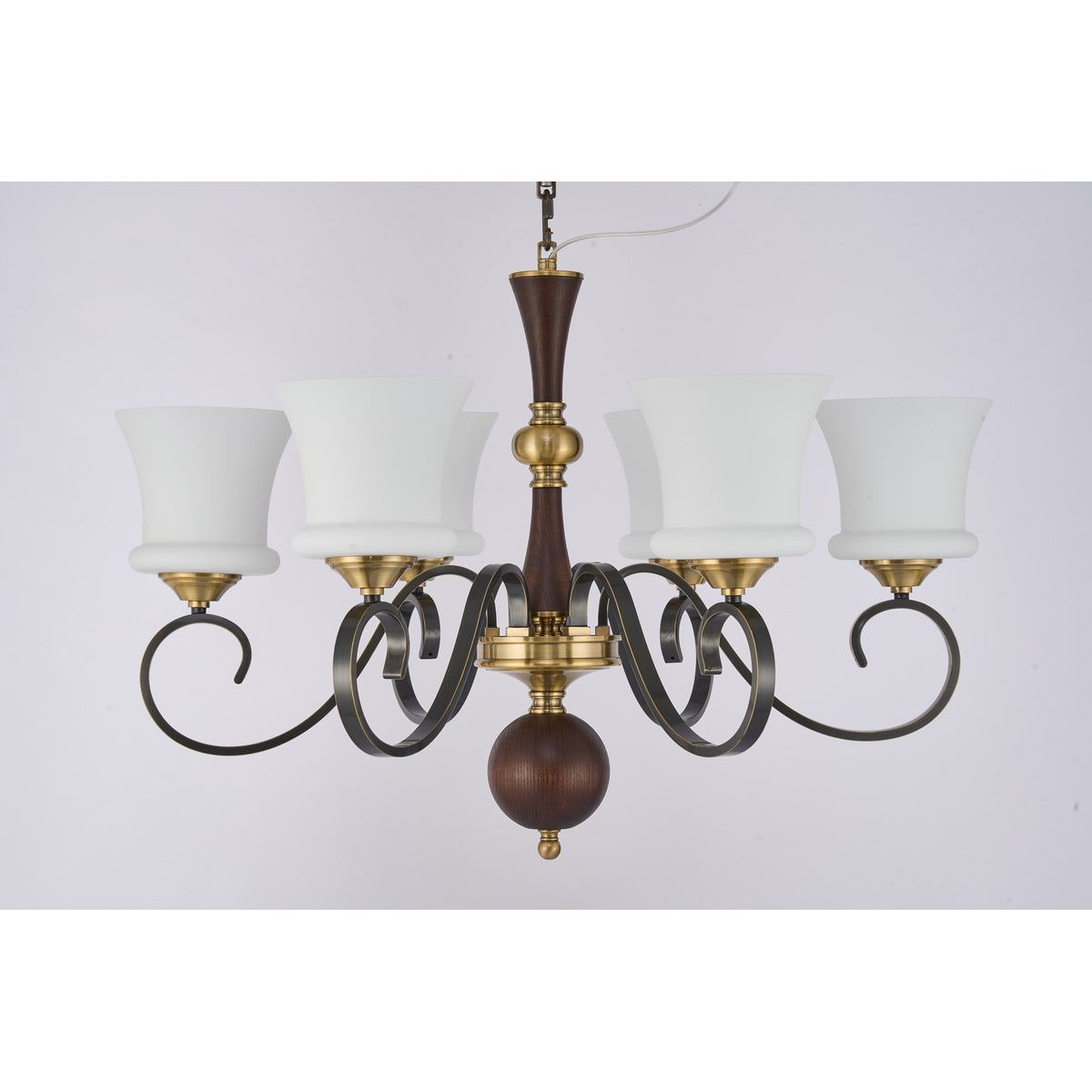 Supplier real photograph of the Rosethorne six-light chandelier complete unlit front view