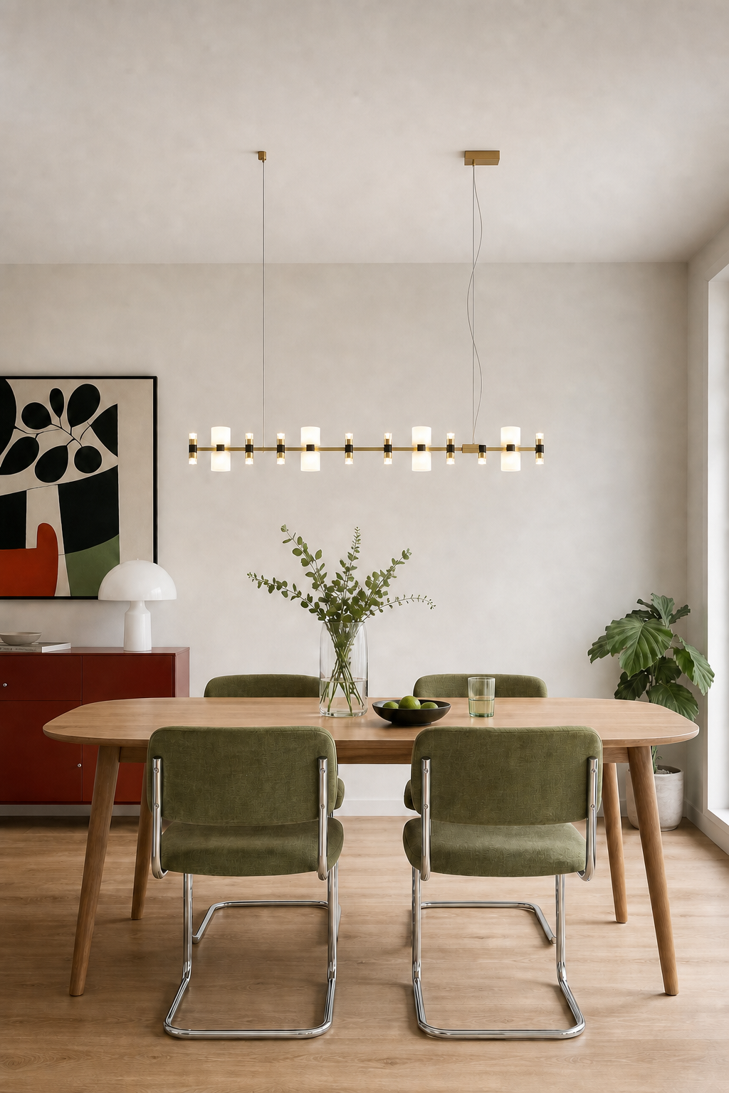 Royal linear pendant above a colorful dining table in a young contemporary home