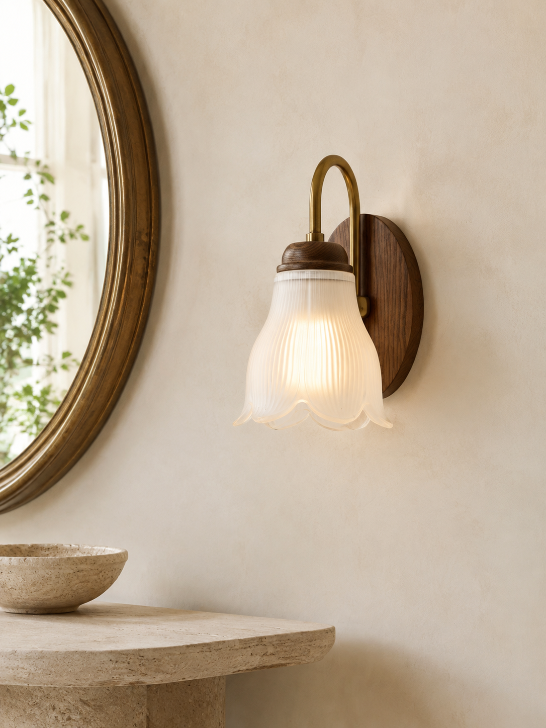 Cloveraine Fluted Petal Glass Wall Sconce proportionally scaled interior scene 3