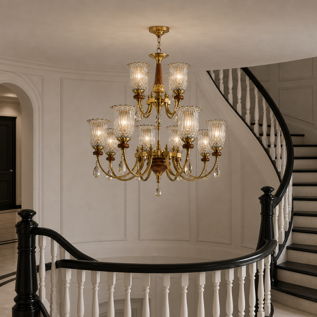 Twelve-light eight plus four two-tier ribbed tulip glass chandelier in a black and ivory stair hall - corrected over open stairwell with flush ceiling canopy