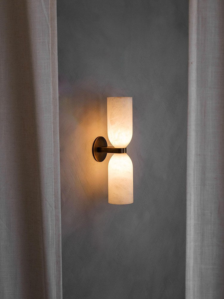 Modern Alabaster Cylinder Wall Sconce in Antique Brass - 03 03-scene--alabaster-cylinder-wall-sconce-bedroom