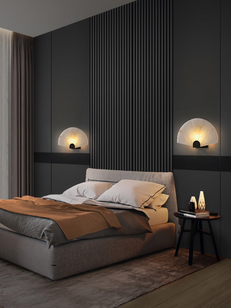 Modern Snowflake Alabaster Fan Wall Sconce in Matte Black - 03 03-scene-bedroom