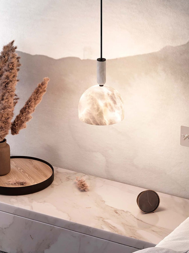 Modern Alabaster Dome Pendant Light in White - 03 03-scene-bedside