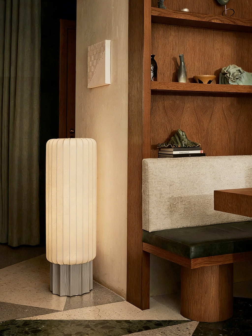 Modern Mulberry Silk Cylinder Table and Floor Lamp in Pewter Gray - 03 03-scene-bedside