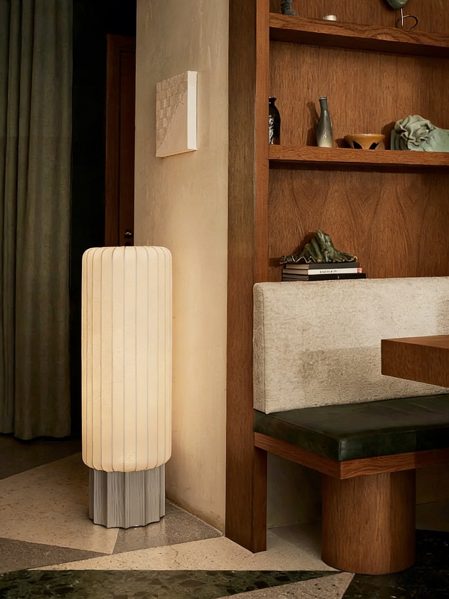 Modern Mulberry Silk Cylinder Table and Floor Lamp in Pewter Gray - 03 03-scene-bedside