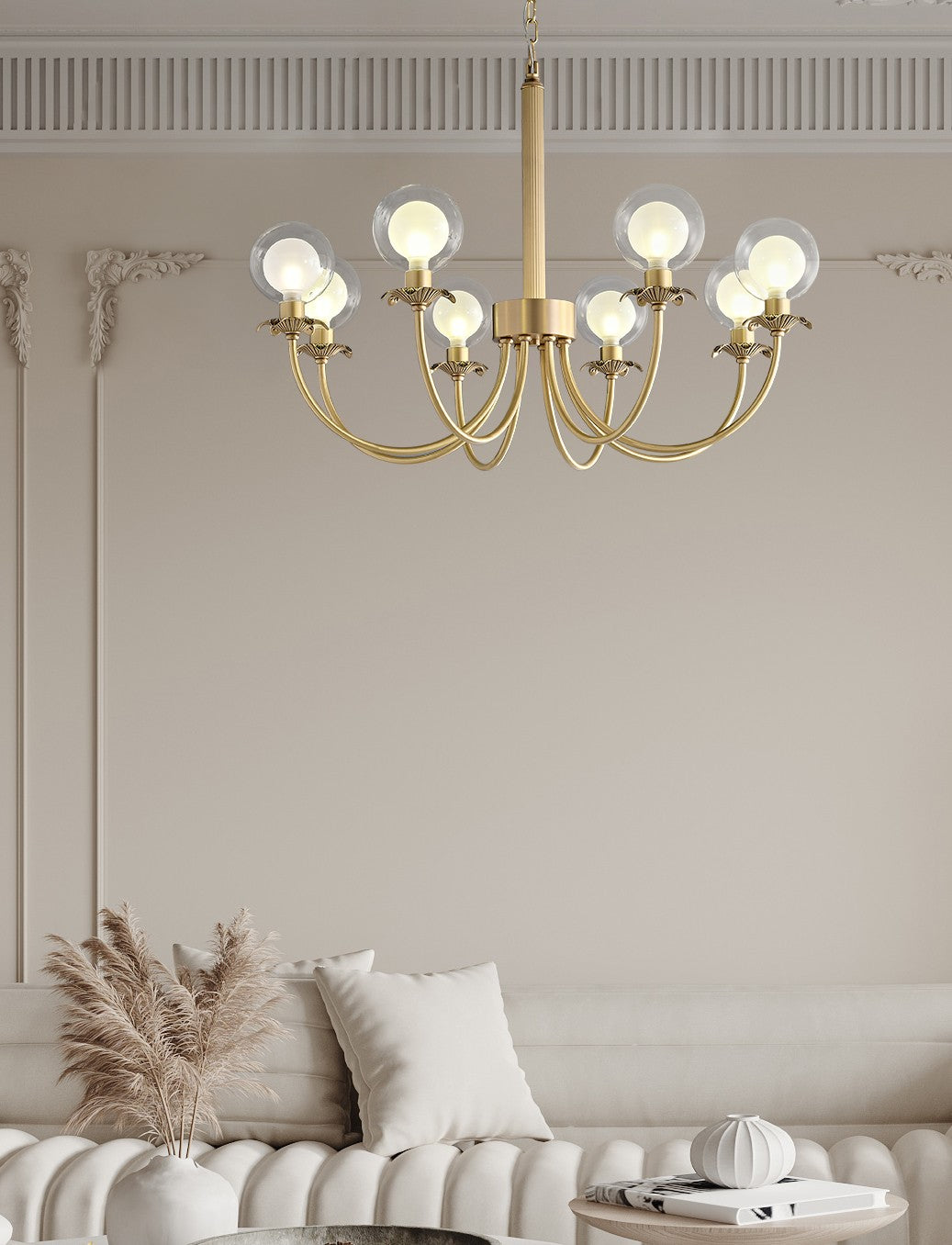 Modern Brass Glass Globe Chandelier - 03 03-scene-brass-glass-globe-chandelier-sofa