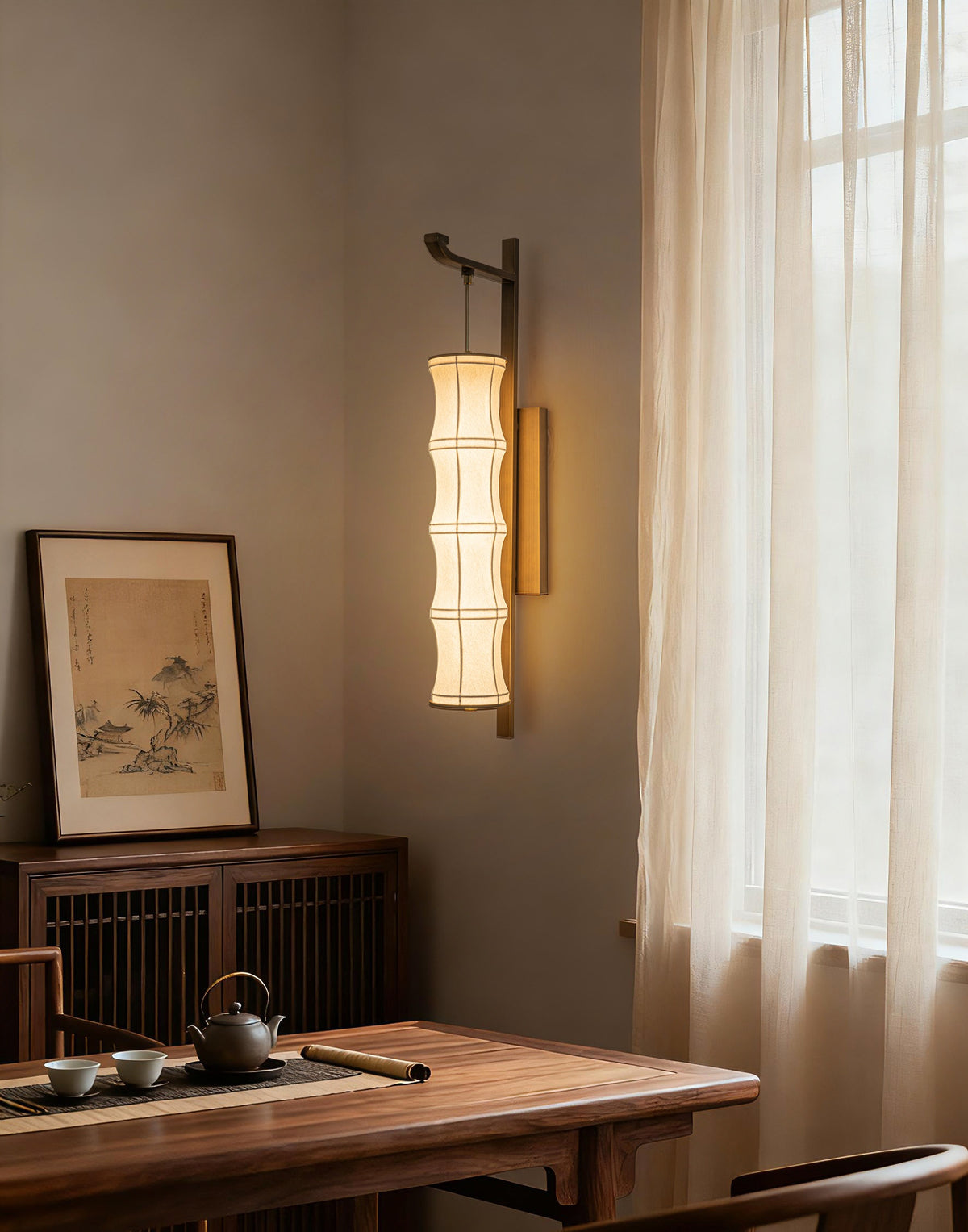 Modern Song-Inspired Mulberry Silk Wall Sconce in Antique Brass - 03 03-scene-corridor