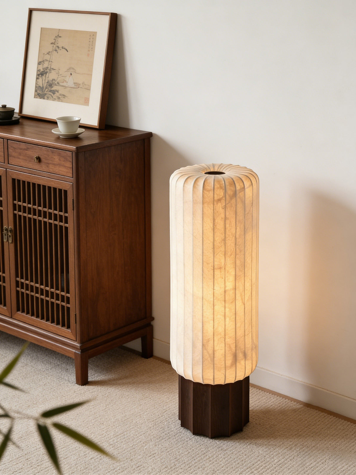 Modern Mulberry Silk Cylinder Table and Floor Lamp with Walnut Wood-Grain Base - 03 03-scene-floor-lamp-tea-room