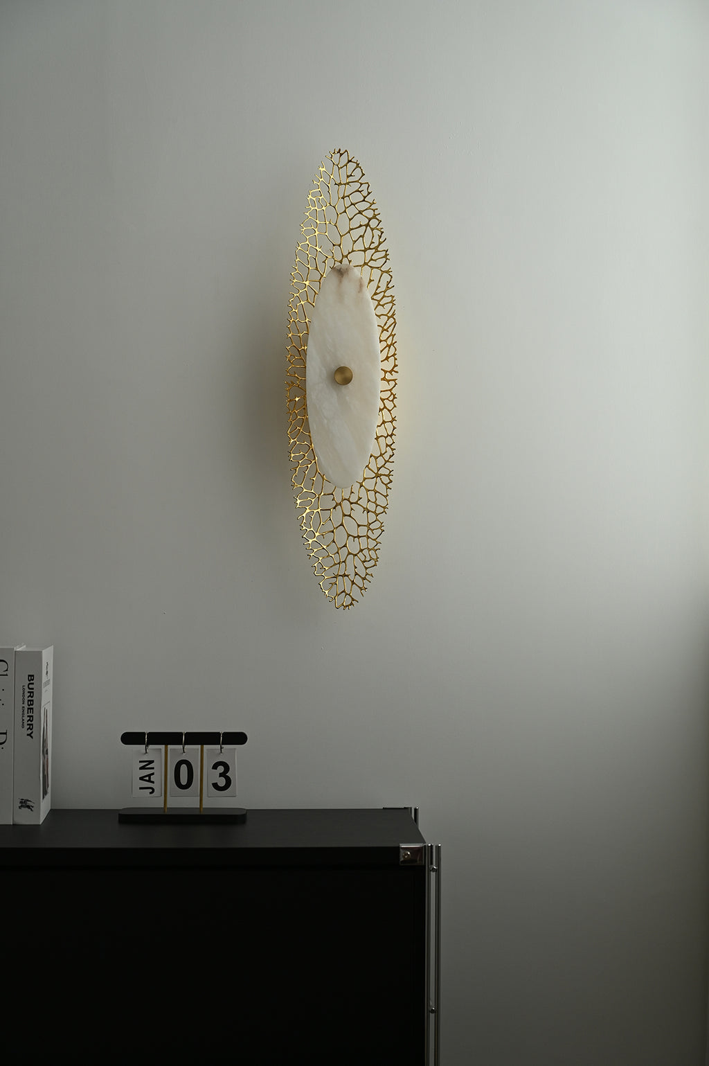 Modern Alabaster Coral Wall Sconce in Natural Brass - 03 03-scene-front-off