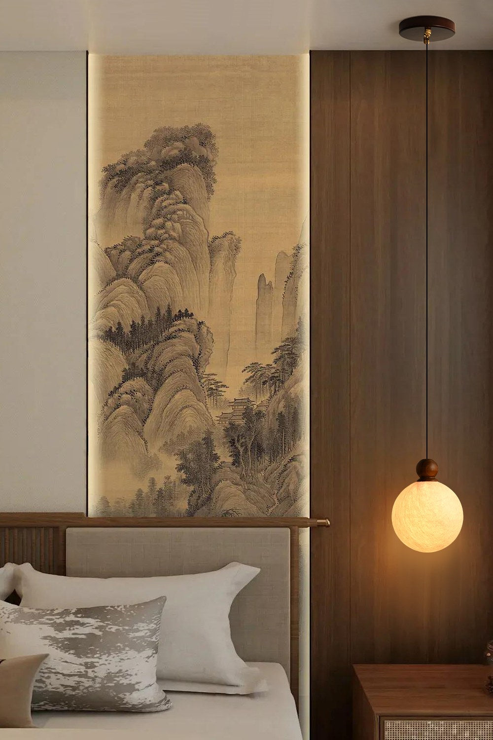 Modern Mulberry Silk Globe Pendant Light in Dark Walnut - 03 03-scene-globe-pendant-bedside