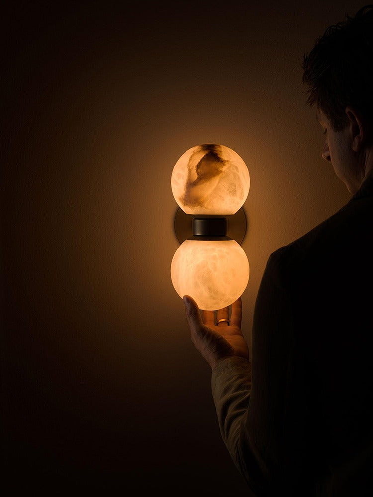 Modern Alabaster Double Globe Wall Sconce in Antique Brass - 03 03-scene-glow