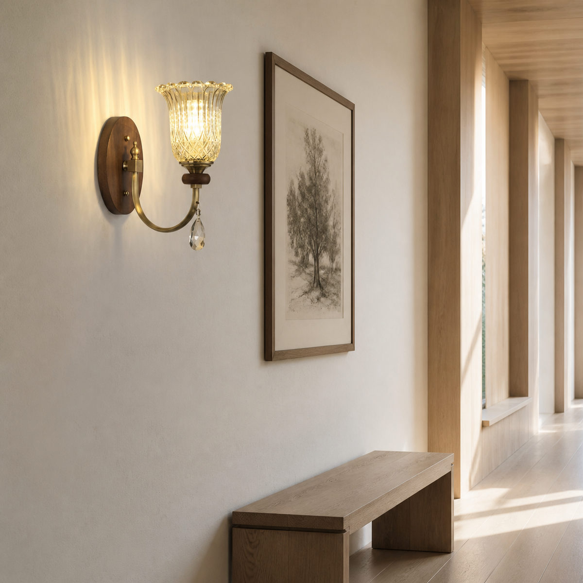 Ribbed tulip glass wall sconce in a light-oak gallery with diagonal composition