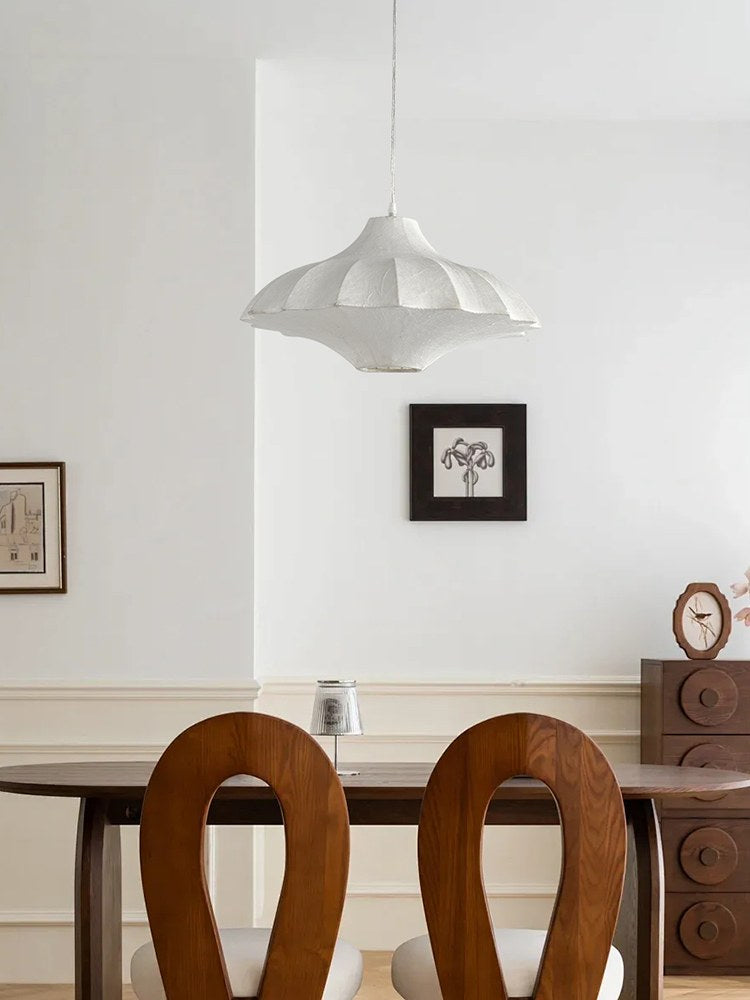 Handmade Mulberry Silk Lotus Pendant Light in White - 03 03-scene-mulberry-silk-lotus-pendant-dining-room-white