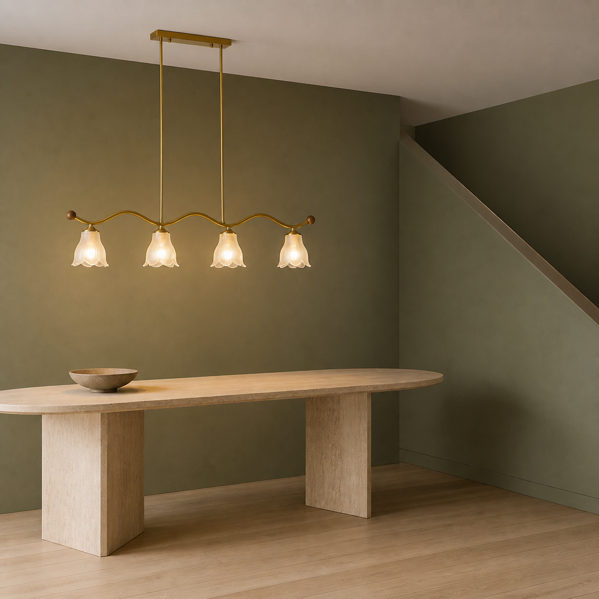 Four-light wave-bar linear chandelier in an olive gallery with diagonal composition