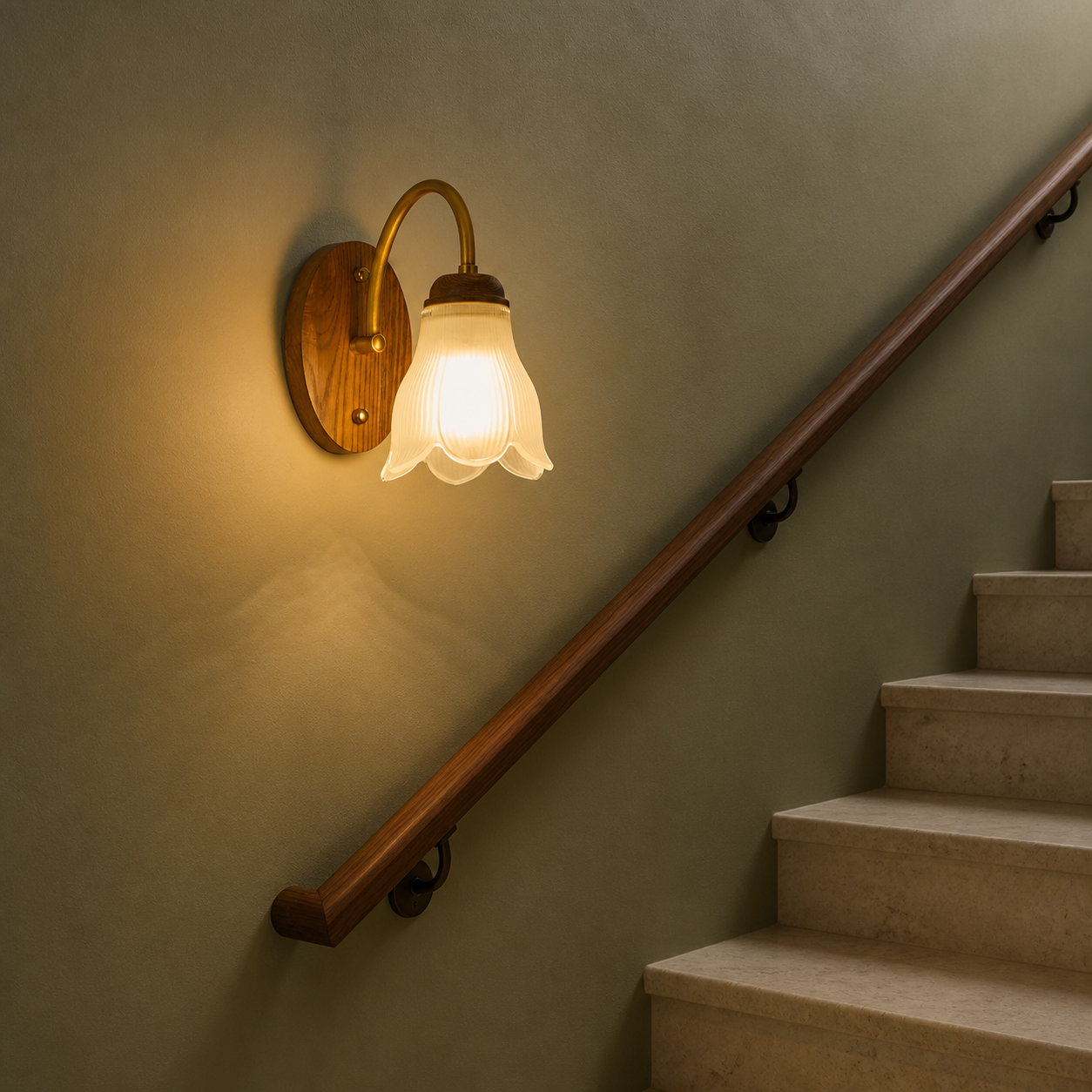 Ribbed bell glass wall sconce at an olive stair with diagonal composition