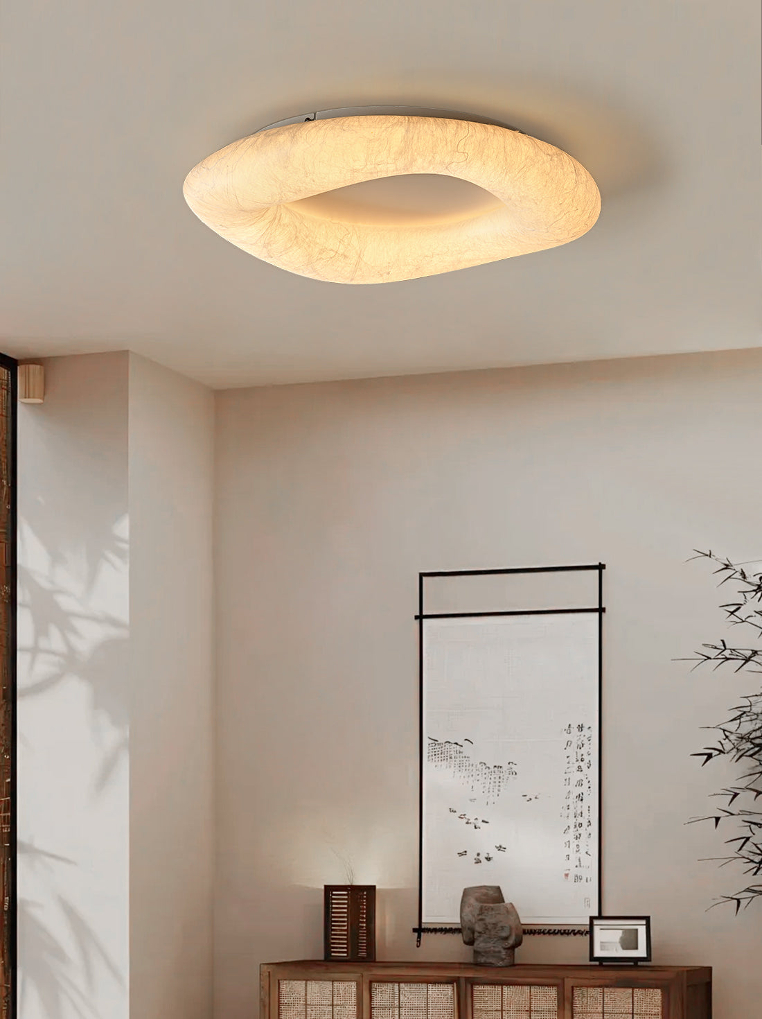 Modern Mulberry Silk Ring Ceiling Light in White - 03 03-scene-ring-ceiling-light-living-room