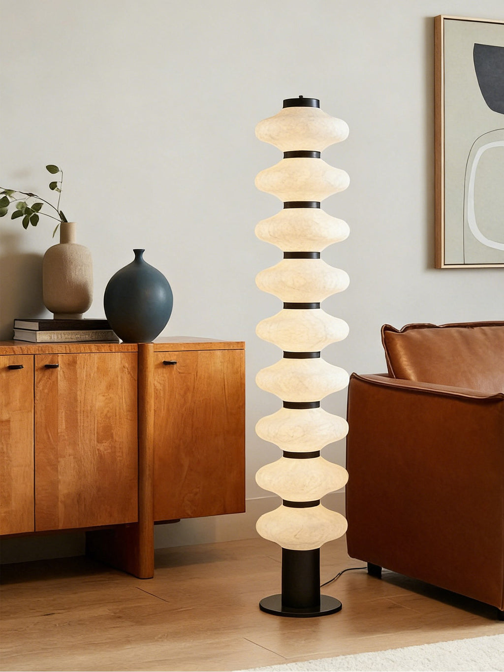 Modern Mulberry Silk Stacked Floor Lamp in Matte Black and White - 03 03-scene-stacked-floor-lamp-bedroom