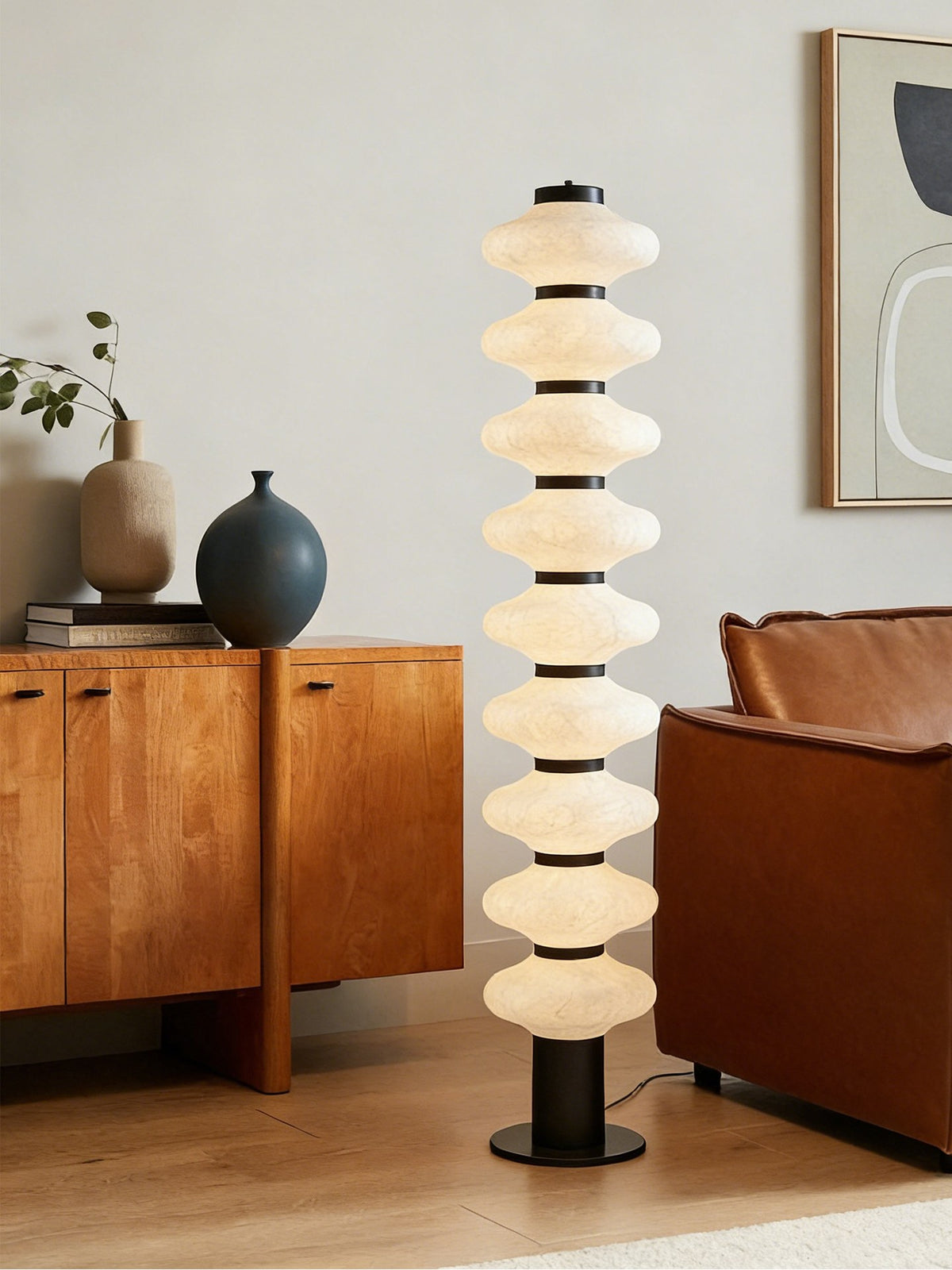 Modern Mulberry Silk Stacked Floor Lamp in Matte Black and White - 03 03-scene-stacked-floor-lamp-bedroom
