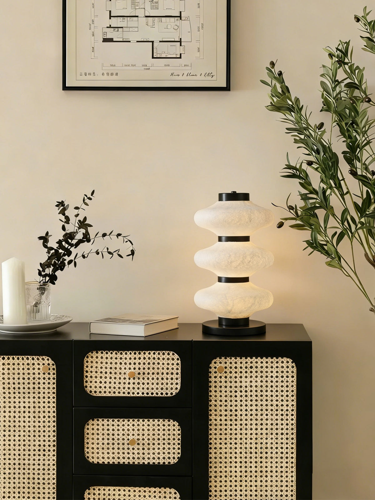Modern Mulberry Silk Stacked Table Lamp in Matte Black and White - 03 03-scene-stacked-table-lamp-bedroom