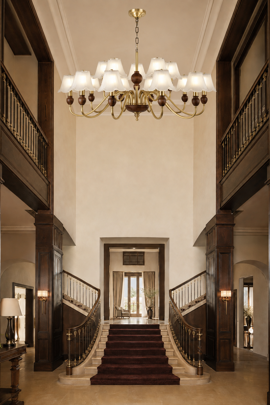 Sorrelune 12-light two-tier chandelier centered in a double-height foyer with visible ceiling mounting