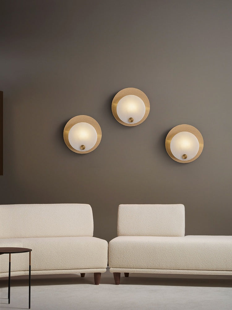 Modern Perforated Copper Alabaster Round Wall Sconce - 16 03-source-living-room-pair-wall-sconce-scene