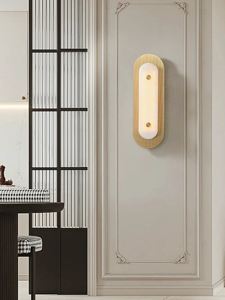 Modern Brass Marble Oval LED Wall Sconce - 16 03-source-living-room-wall-sconce-scene