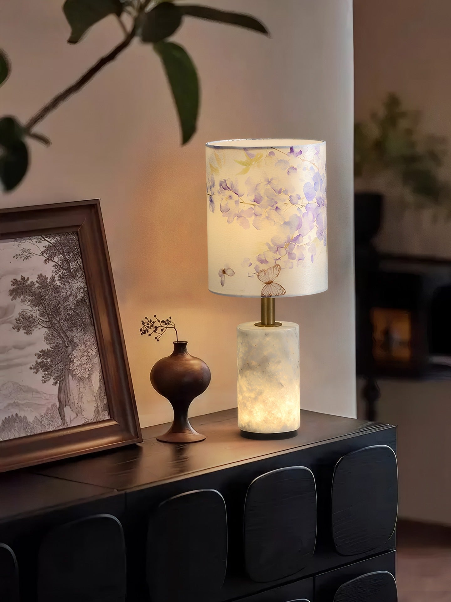 Modern Purple Floral Fabric Shade Table Lamp - 03 03-source-scene-3