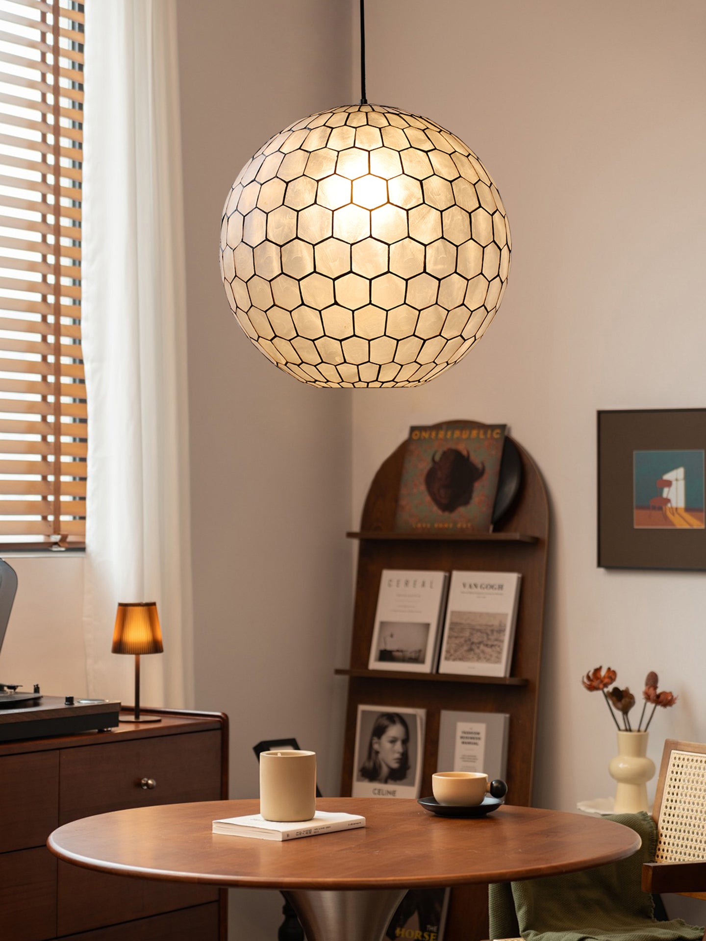 Modern Capiz Honeycomb Globe Pendant Light - 14 03-source-warm-dining