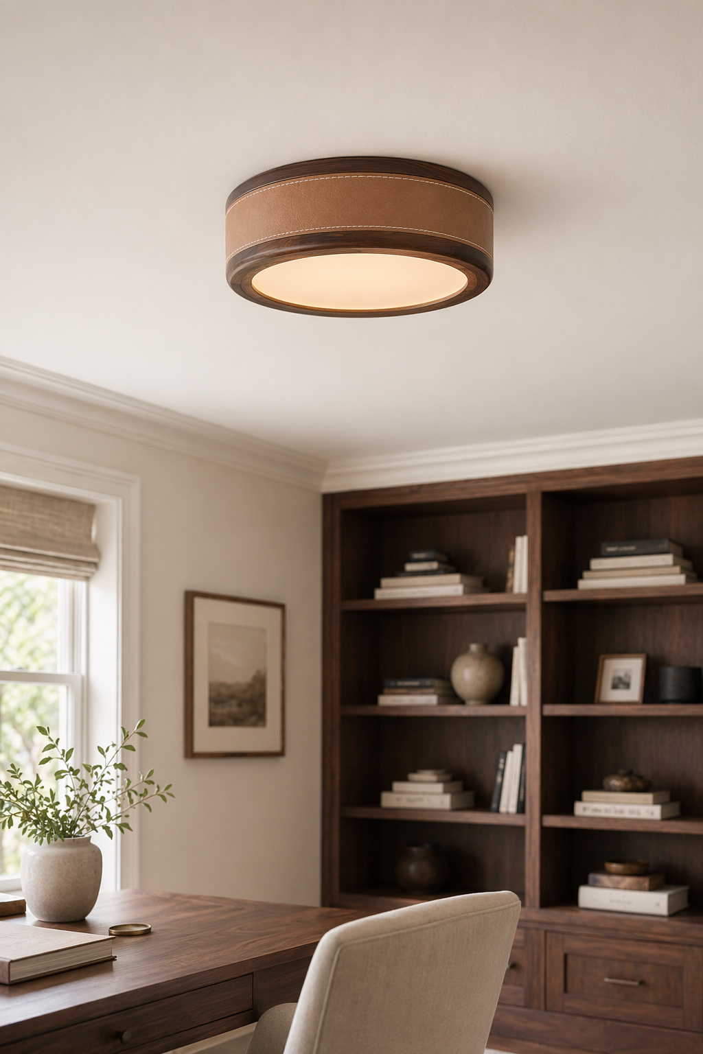 Modern Handmade Leather & Wood Ring Ceiling Light