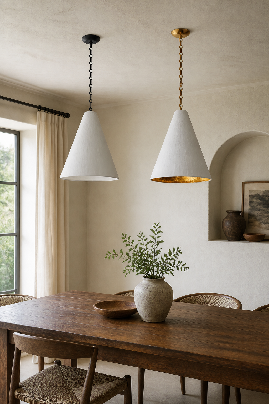 Hand-Textured Plaster Cone Pendant Light gallery 03 two finishes dining daylight