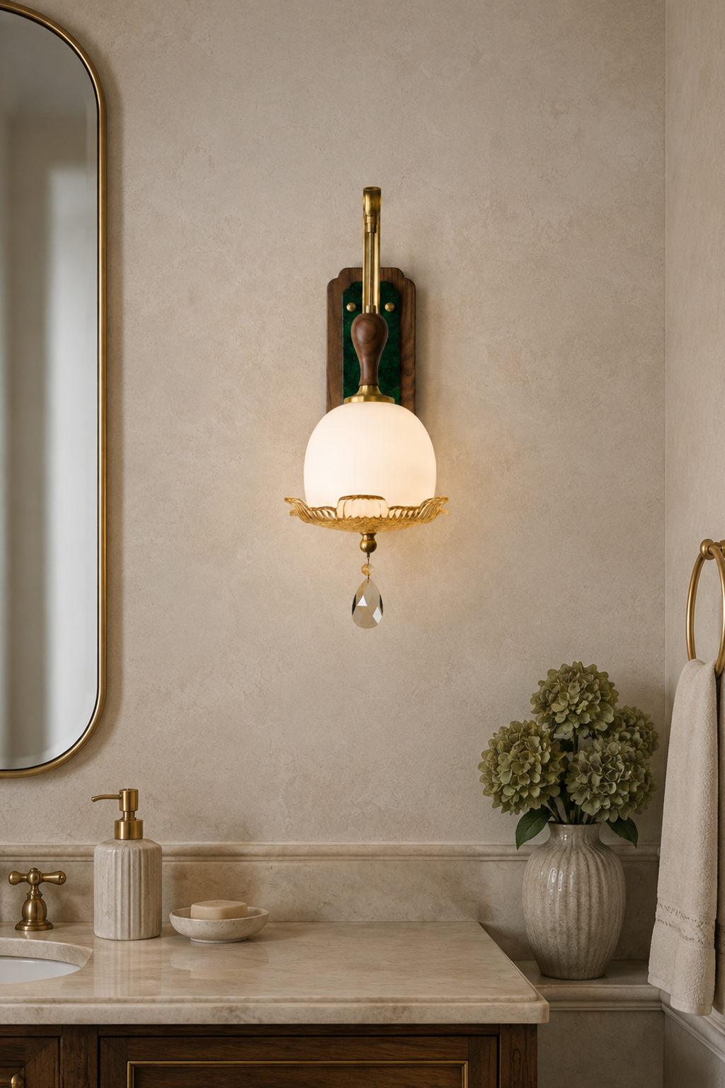 Virdelune rounded opal dome wall sconce centered in a warm wood interior with the complete fixture visible