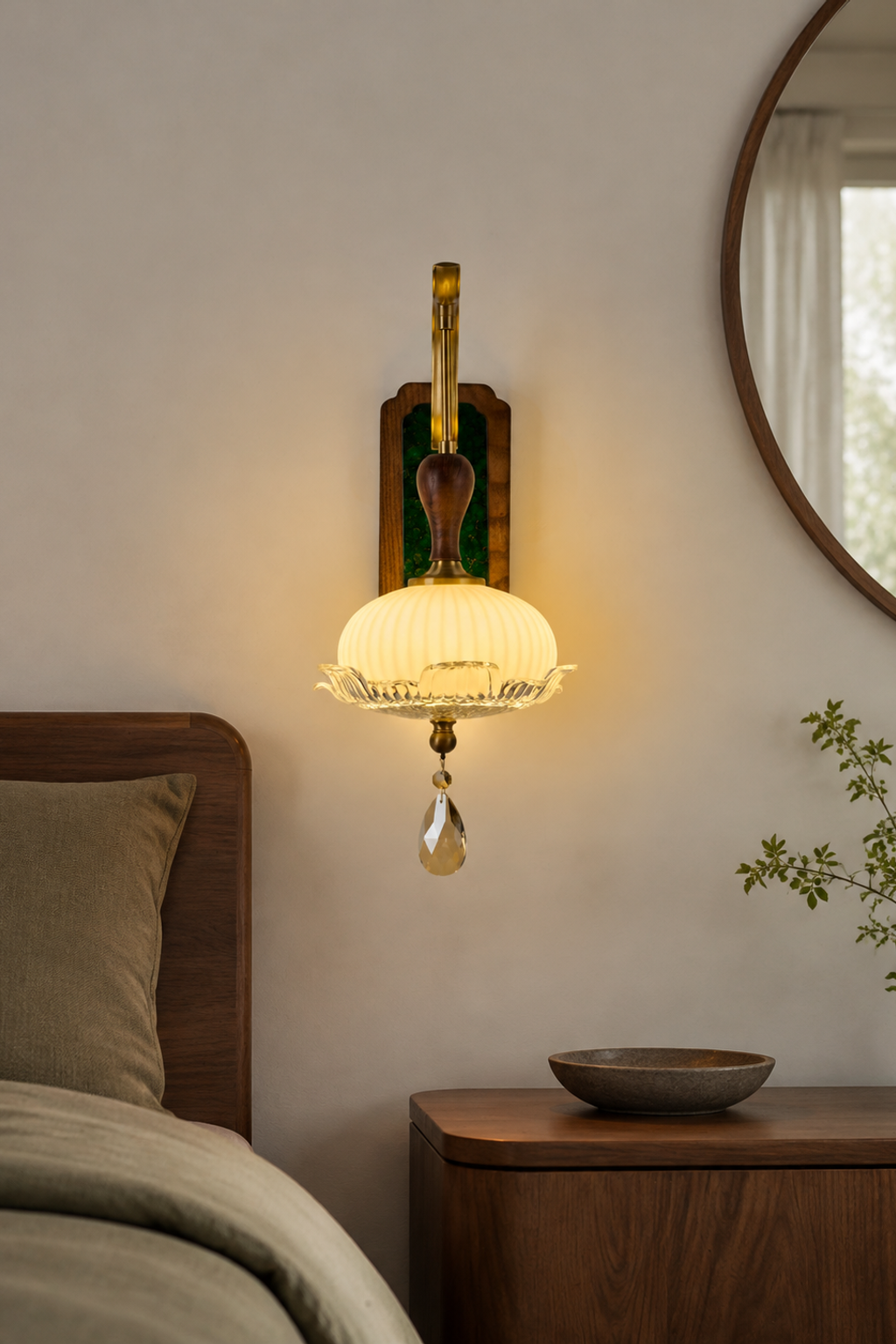 Virdelune shallow fluted bowl wall sconce centered in a warm wood interior with the complete fixture visible