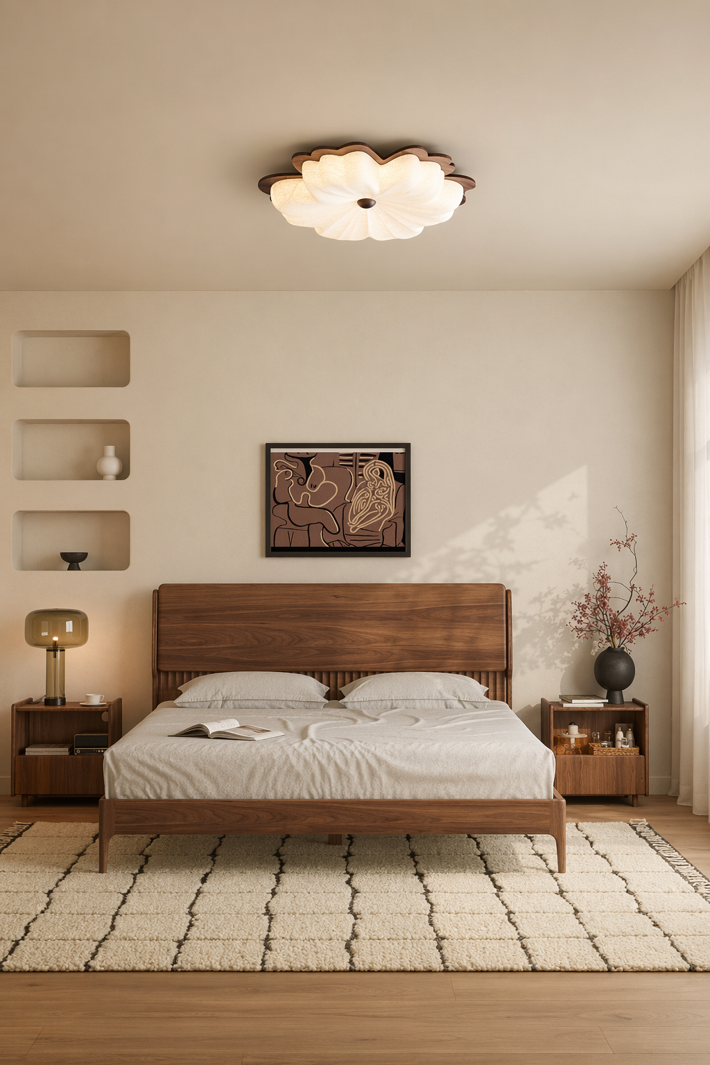 Modern Mulberry Silk Flower Ceiling Light in Walnut and White - product image 04