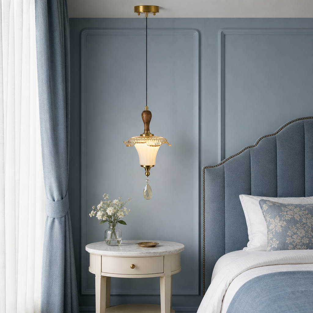 Celestine Pendant B centered above a bedside table