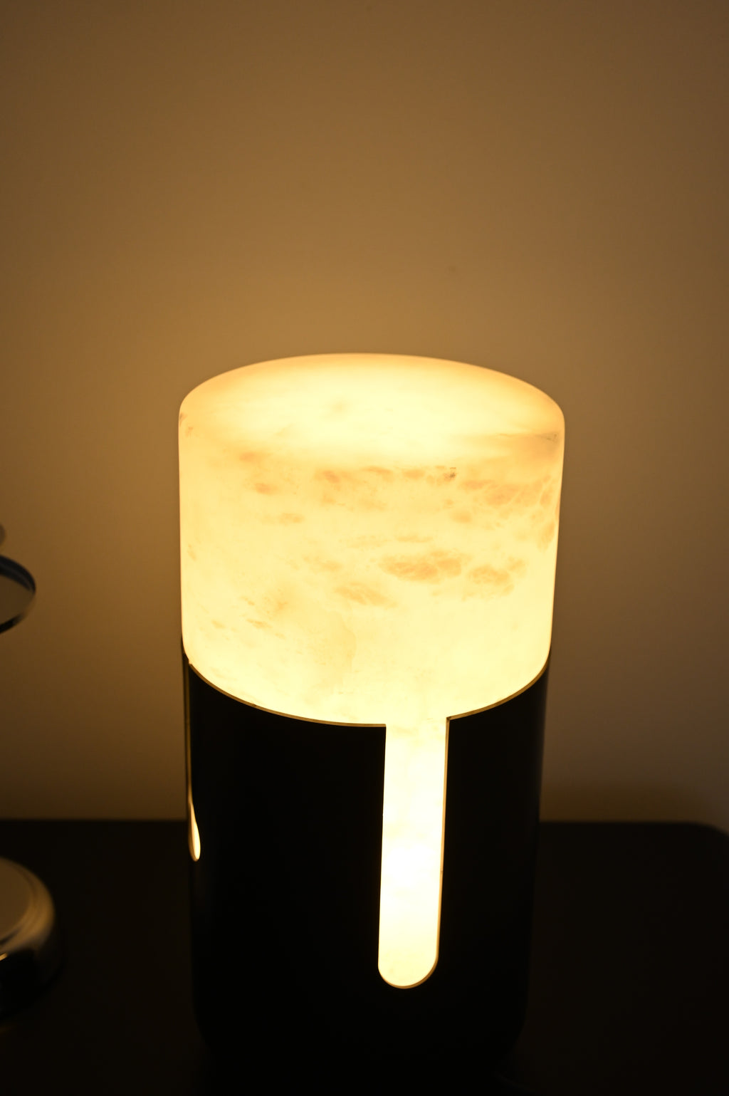 Modern Spanish Alabaster Cylinder Table Lamp in Matte Black - 04 04-DSC_8511-upright