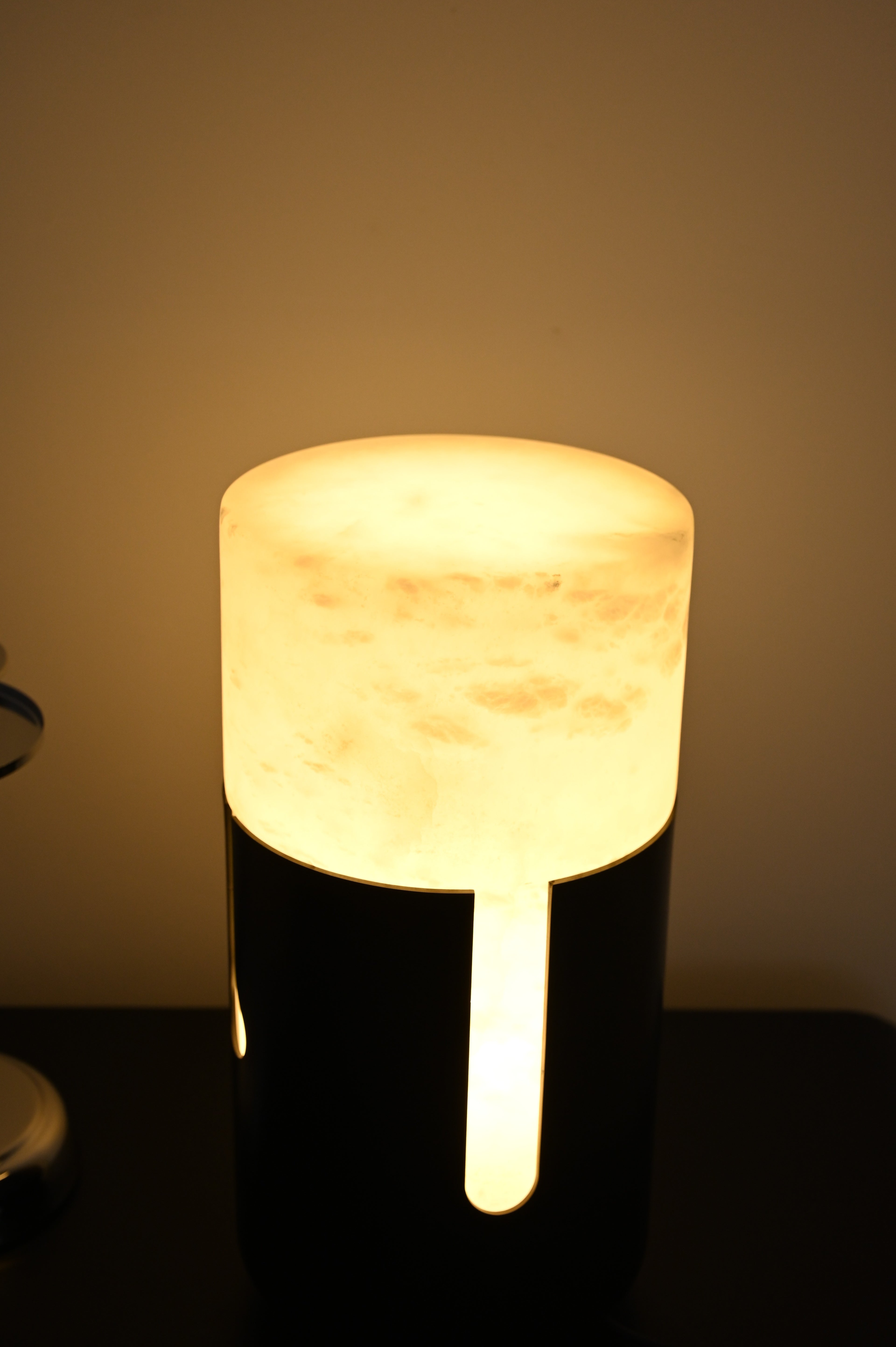 Modern Spanish Alabaster Cylinder Table Lamp in Matte Black - 04 04-DSC_8511-upright