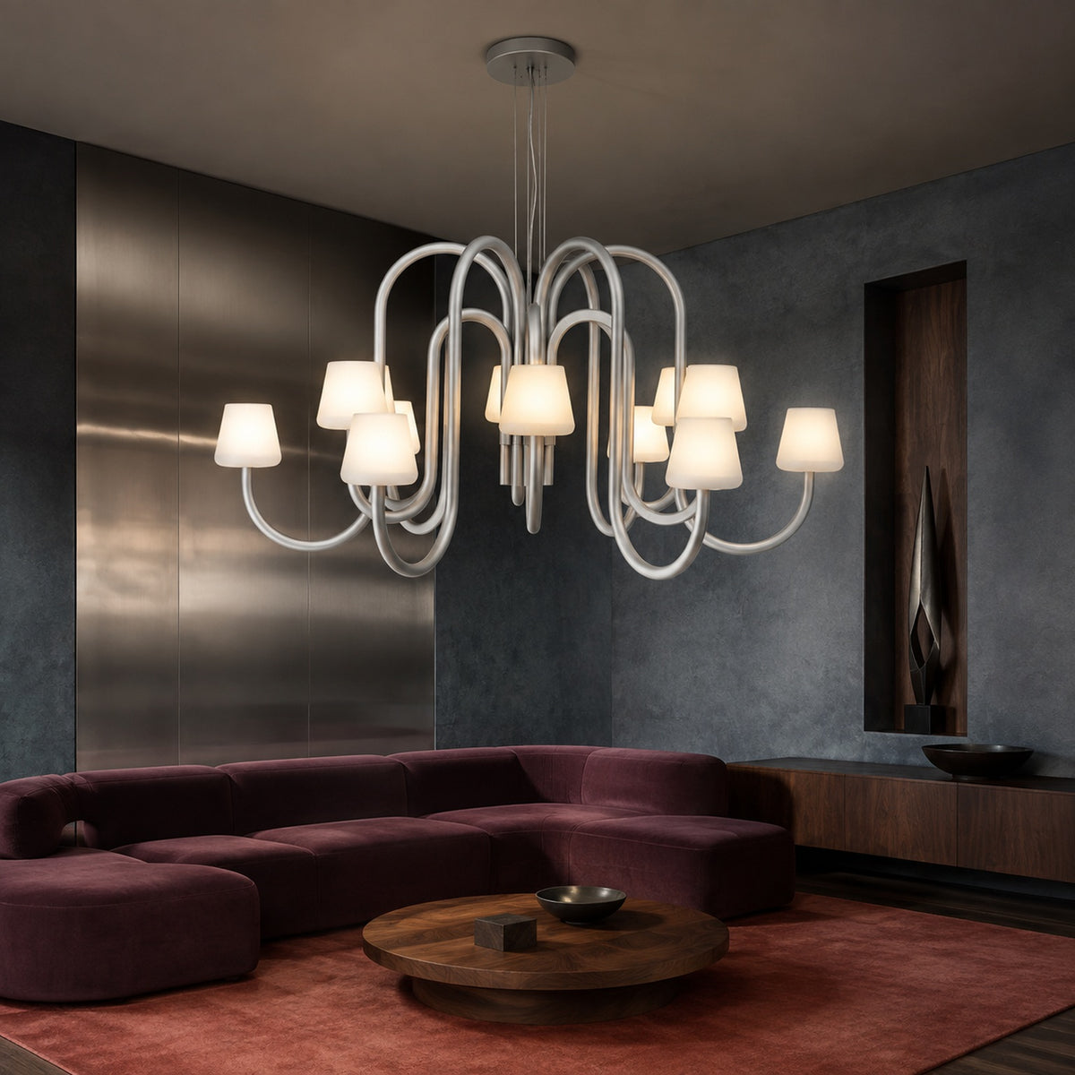 Apollo twelve-light chandelier in a blue-gray metallic designer living room