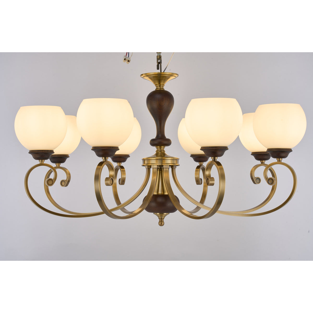 Supplier real photograph of the Aurellane eight-light chandelier complete front view