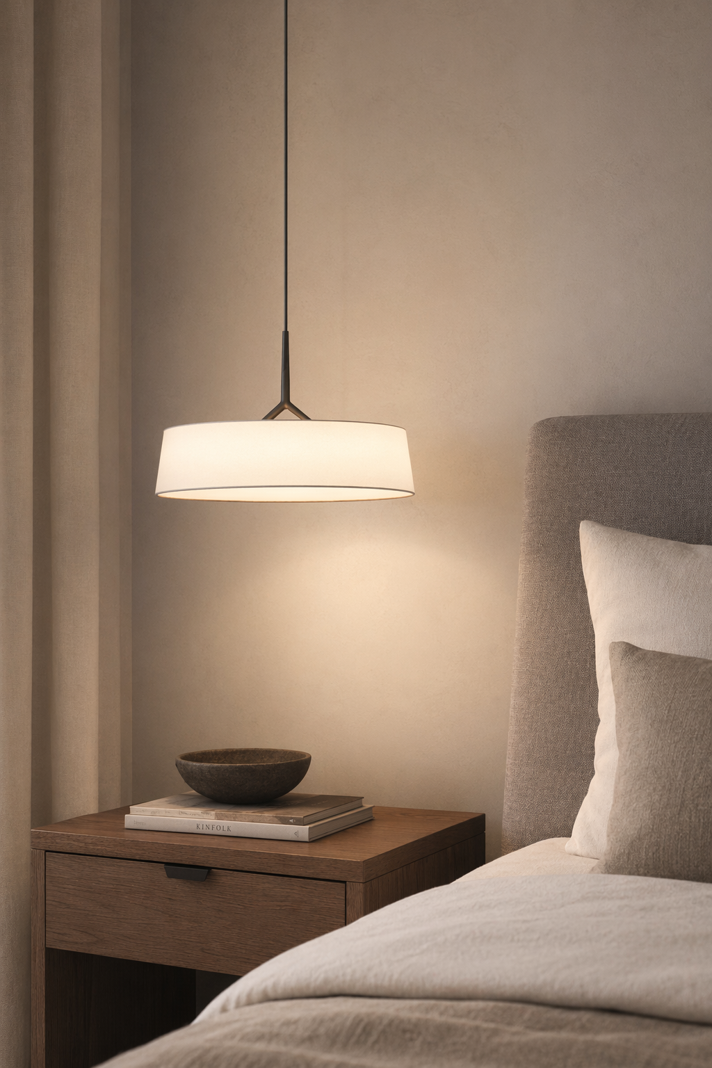 Modern Fabric Drum LED Pendant Light - 04 04-bedroom-bedside