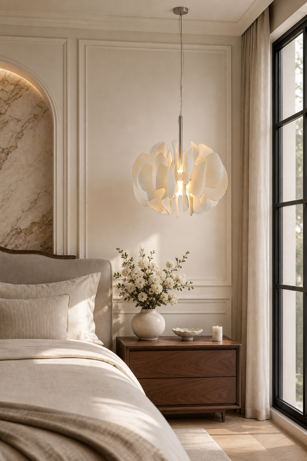 Sculptural Ivory Ceramic Petal Pendant bedroom bedside