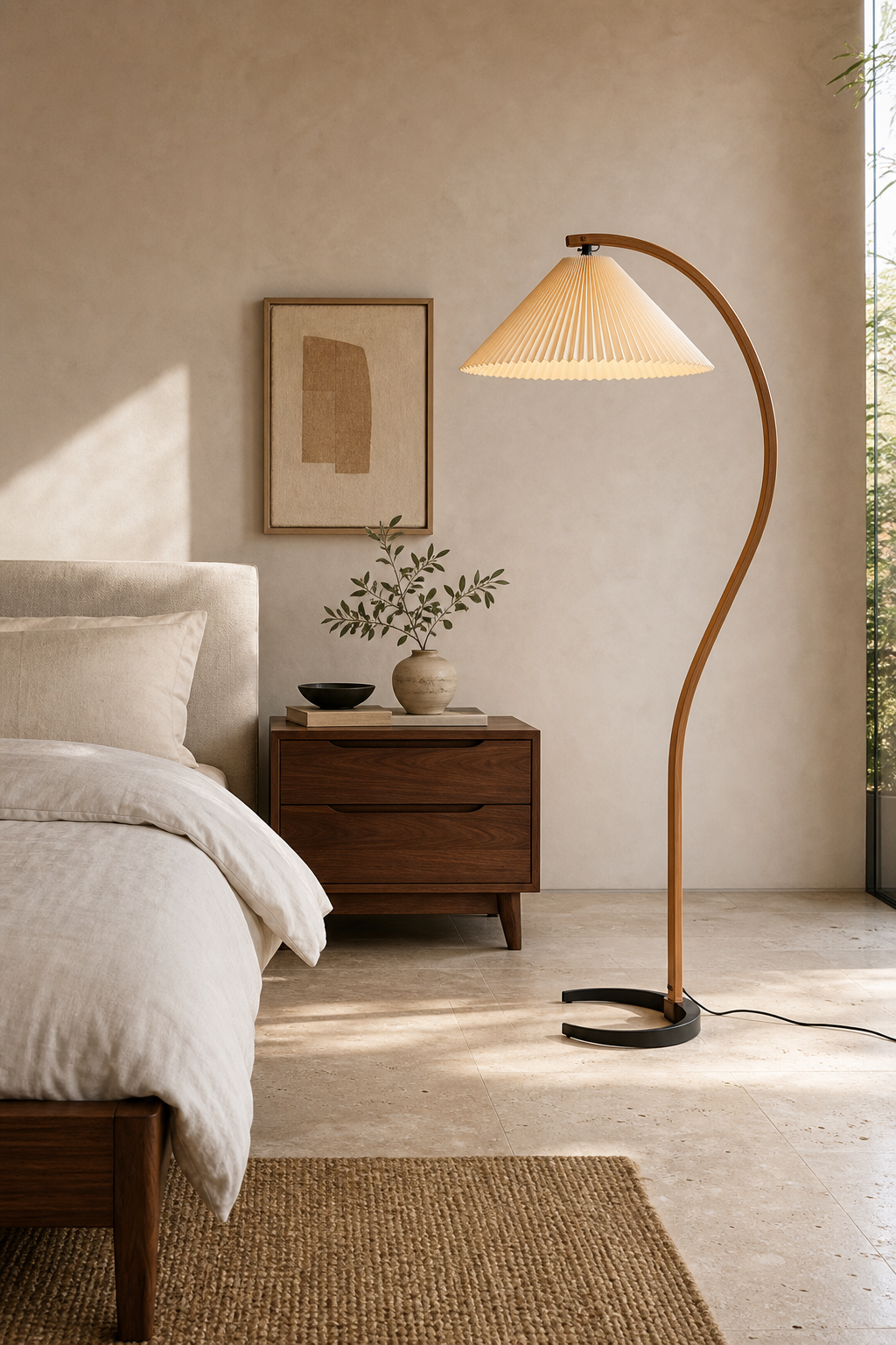 Sculptural Wood Floor Lamp — floor lamp in a bedroom corner