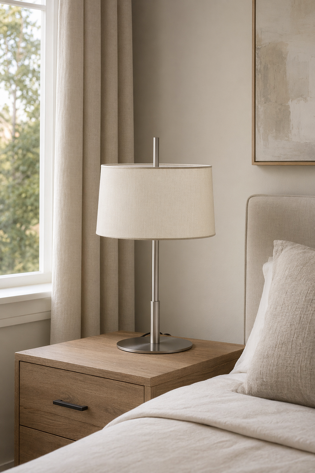 Modern Satin Nickel Off-White Fabric Lamp - generated main 04 04-bedroom-or-study-wide