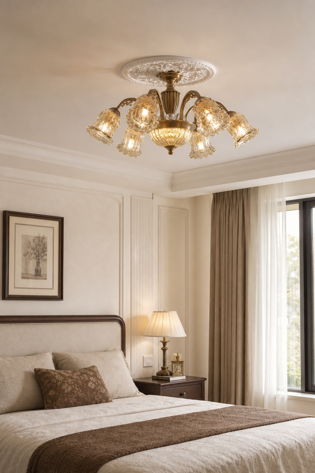 Vintage Brass Floral Glass Flush Mount bedroom suite