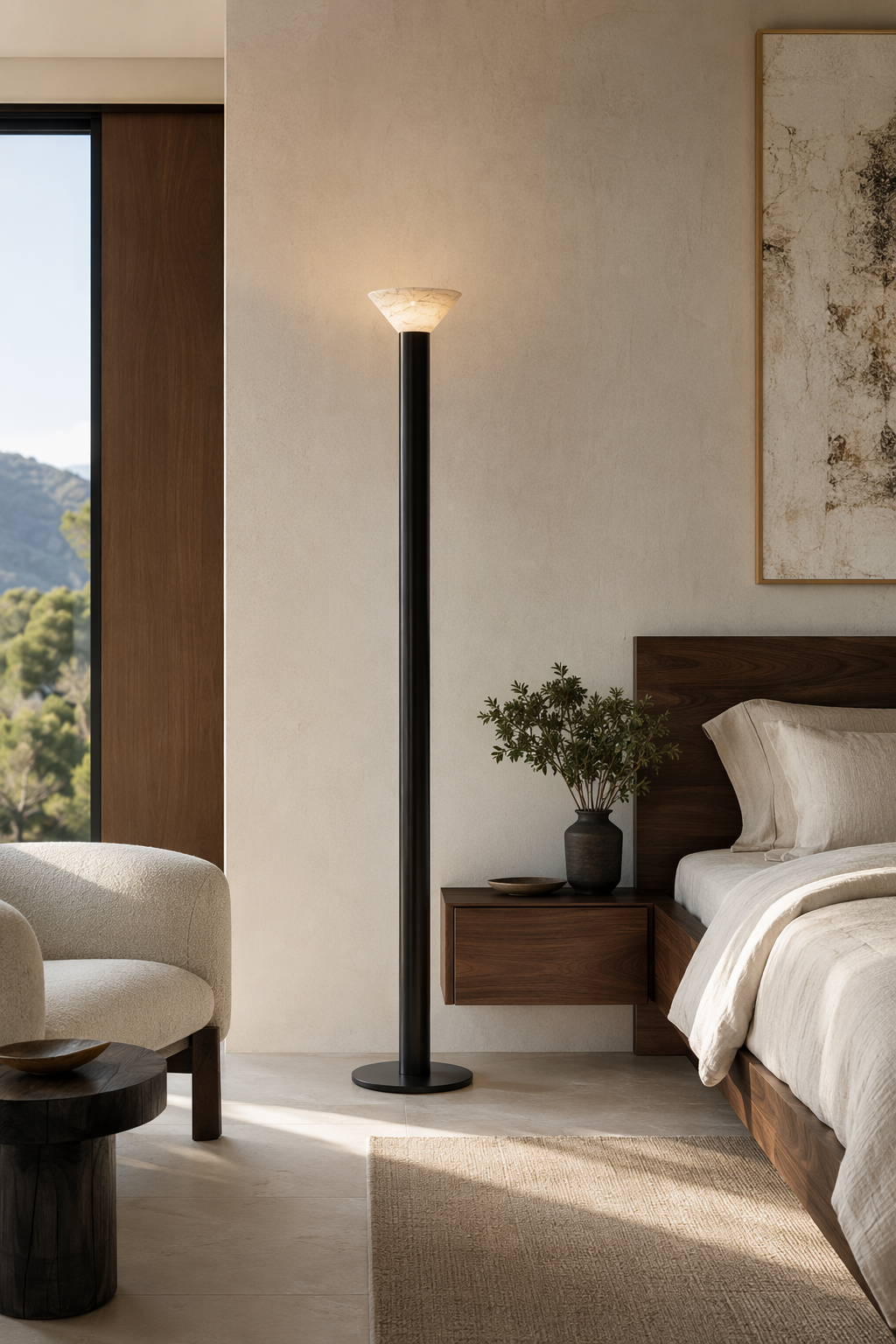 Minimalist Cone LED Floor Lamp with cloud stone shade styled in a designer interior, view 4