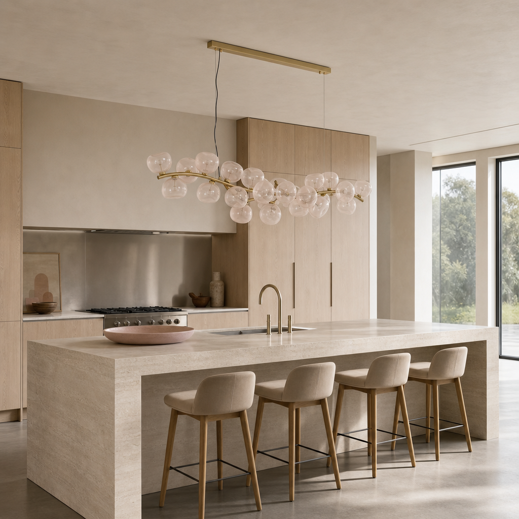 Blush glass 26-light linear chandelier with the lights off above a modern stone kitchen island