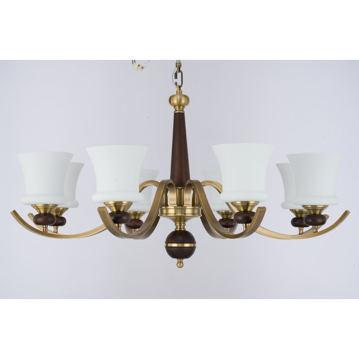 Supplier real photograph of the unlit Brontelle eight-light chandelier complete front view